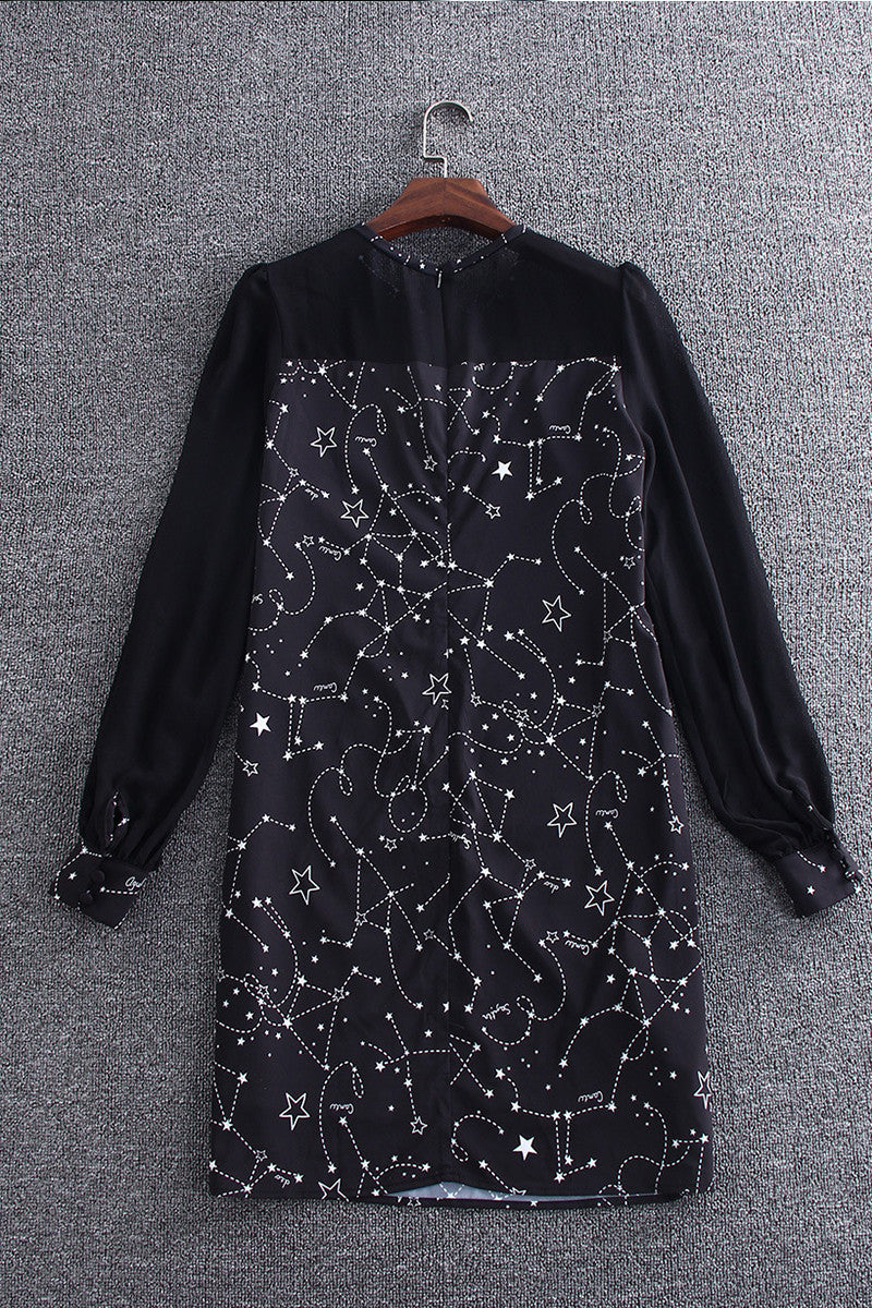 Round Neck Puff Sleeve Star Printting Midi Dress - NJOYDRESS - 2