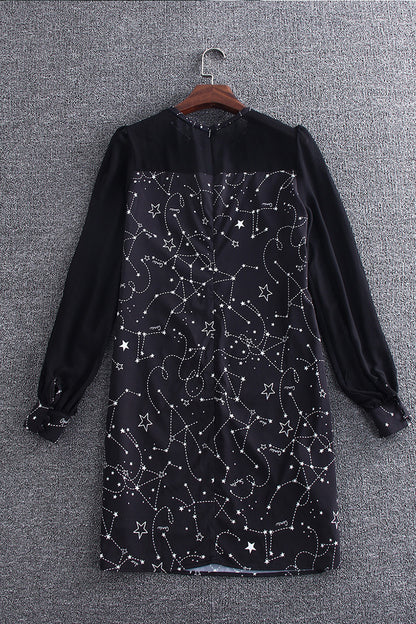 Round Neck Puff Sleeve Star Printting Midi Dress - NJOYDRESS - 2