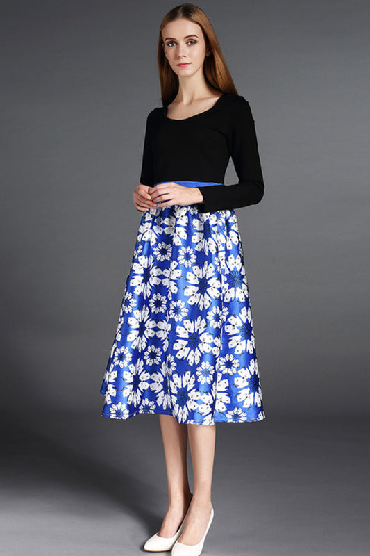 CASUAL BOAT NECK FIT LONG SLEEVE FLOWER PRINTING MIDI DRESS