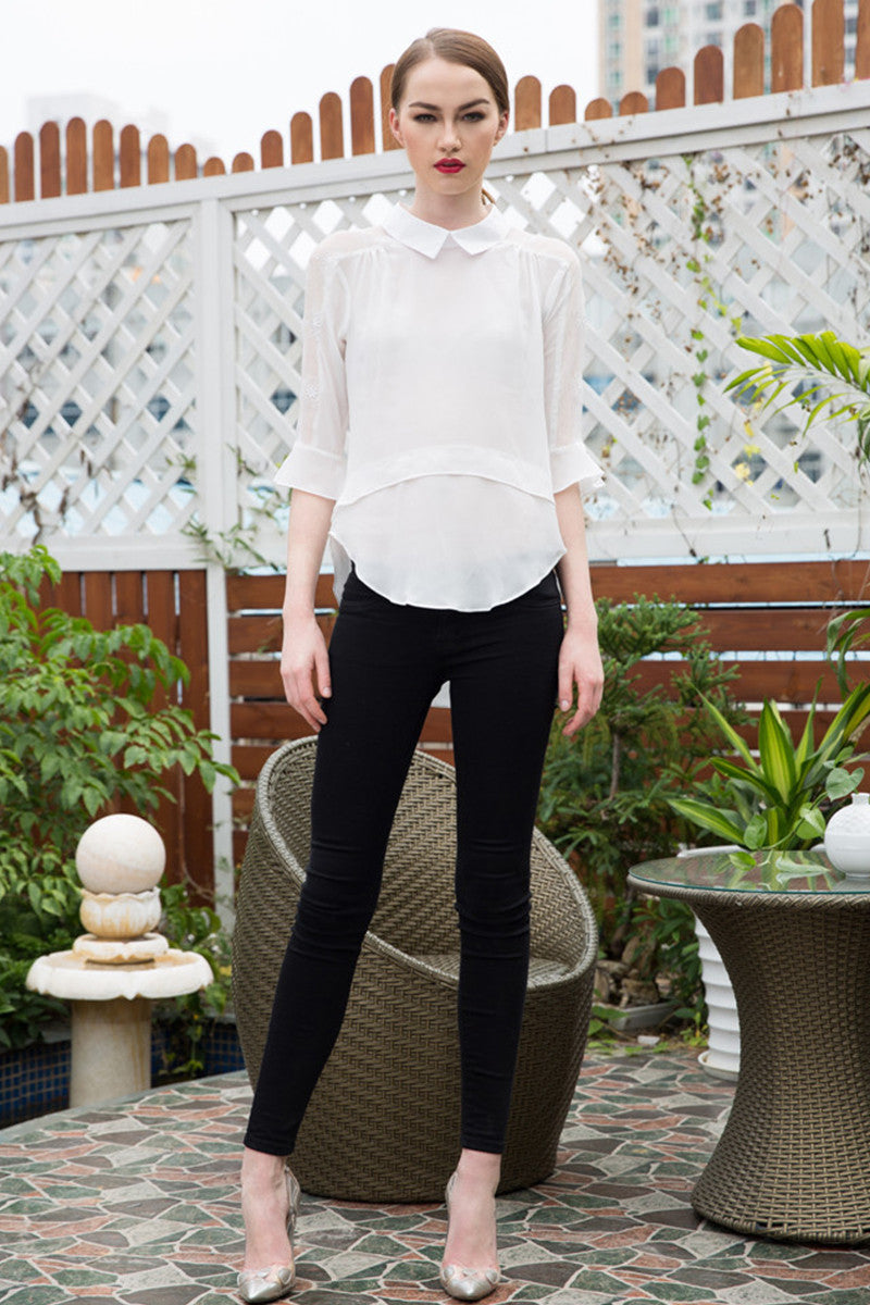 Lapel Neck Sheer Flare Sleeve Irregular Short Front Long Back Blouse