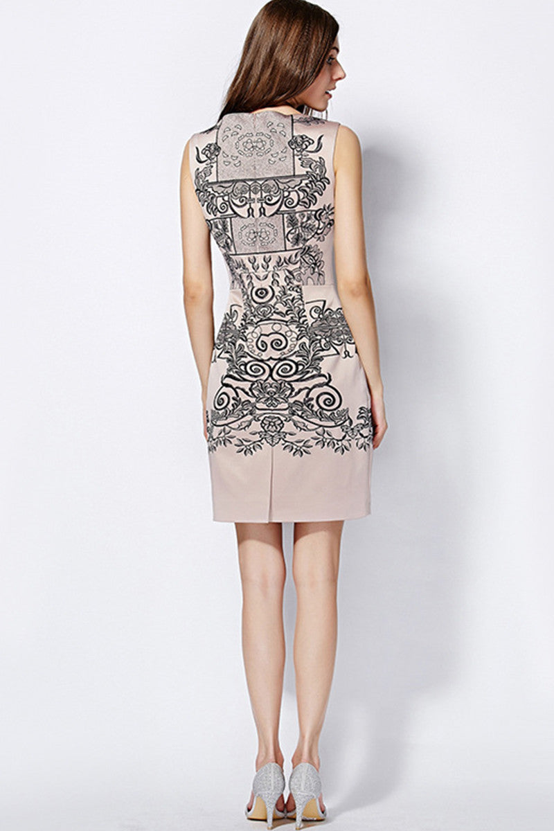 Round Collar Sleeveless Embroidery Pattern Slim Dress