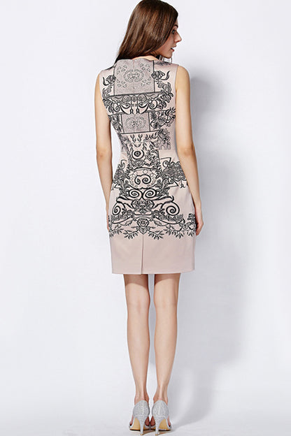 Round Collar Sleeveless Embroidery Pattern Slim Dress