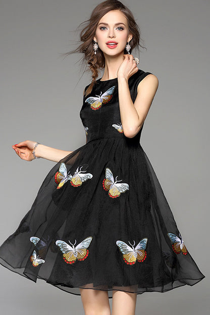 Butterfly Embroidered Little Black Cocktail Dress