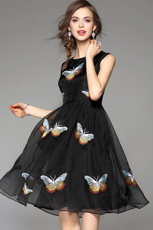Butterfly Embroidered Little Black Cocktail Dress