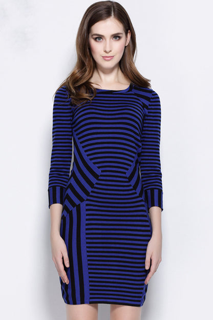 ELEGANT WEAR TO WORK 3/4 SLEEVE IRREGULARITY STRIPE SHORT DRESS