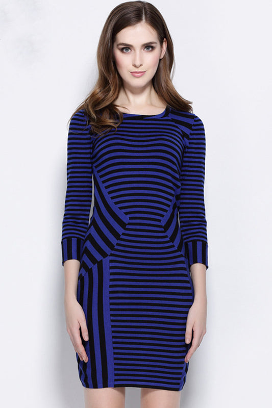 ELEGANT WEAR TO WORK 3/4 SLEEVE IRREGULARITY STRIPE SHORT DRESS