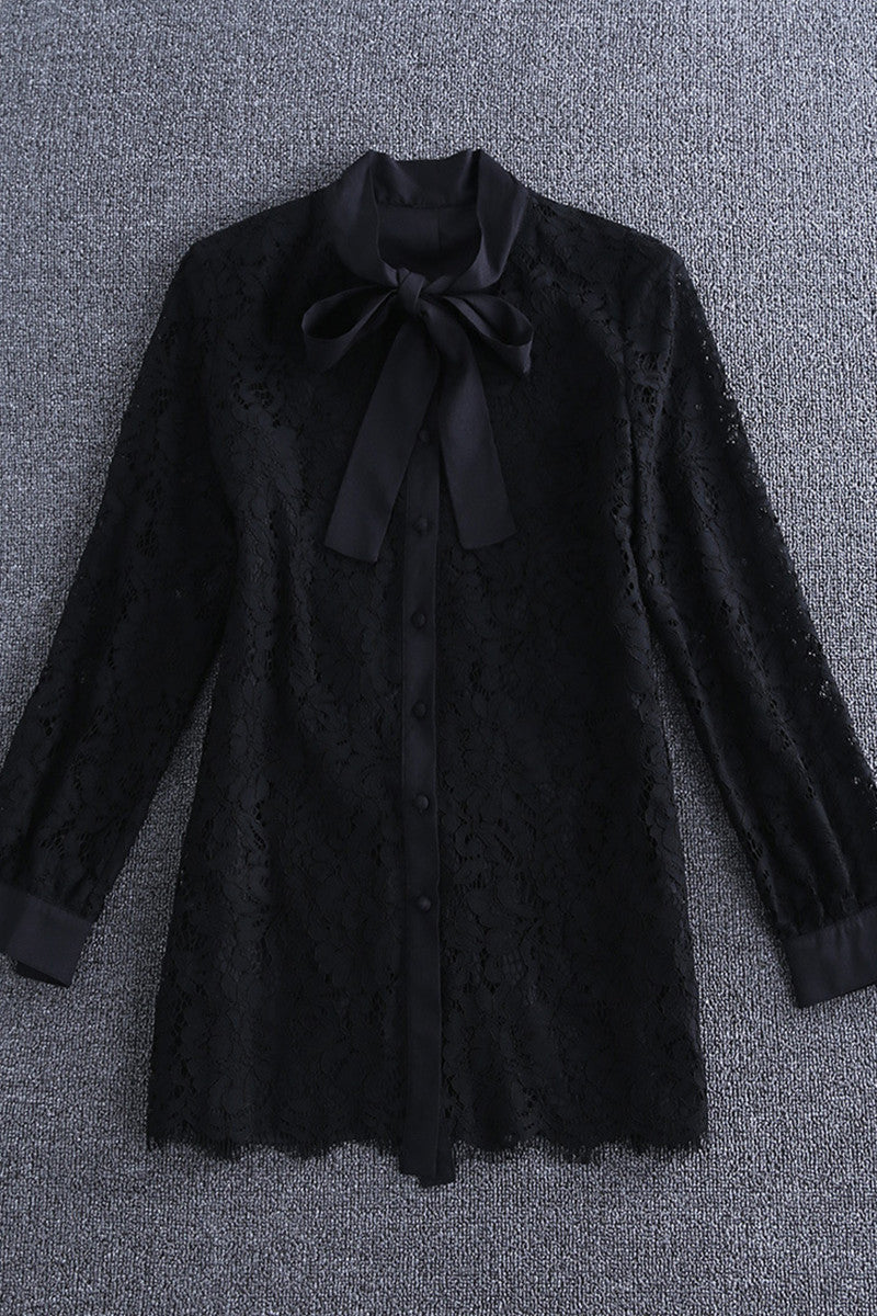 Round Collar Lacing Bow  Button Lace Shirt - NJOYDRESS - 1