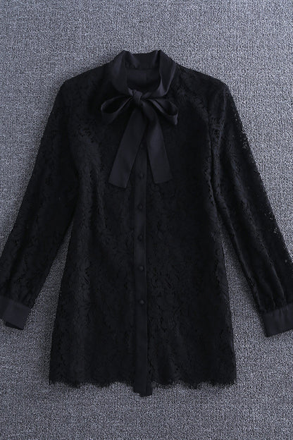 Round Collar Lacing Bow  Button Lace Shirt - NJOYDRESS - 1