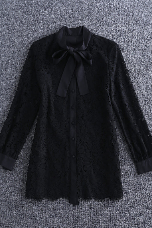 Round Collar Lacing Bow  Button Lace Shirt - NJOYDRESS - 1