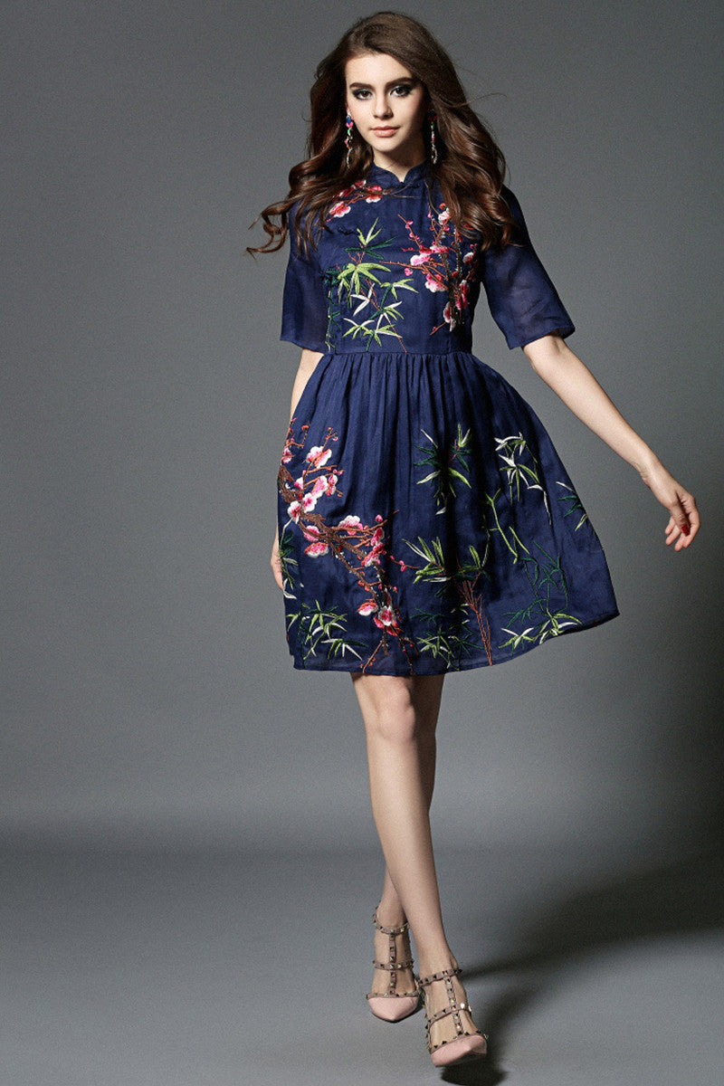 Stand Collar Retro Embroidery Shirring Waist Chi-Pao Dress