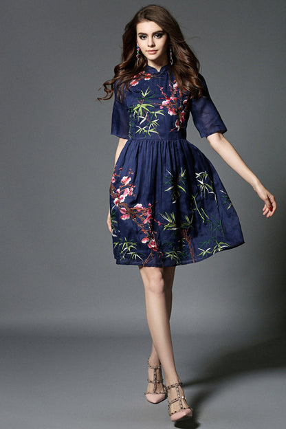 Stand Collar Retro Embroidery Shirring Waist Chi-Pao Dress