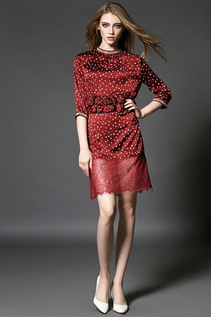 Star Print Flare Hem Lace Patch Wrap Dress