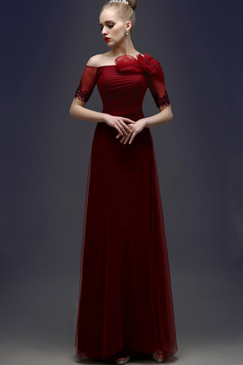 Off-Shoulder Half Sleeves Flower Tulle Floor Length Party Gown