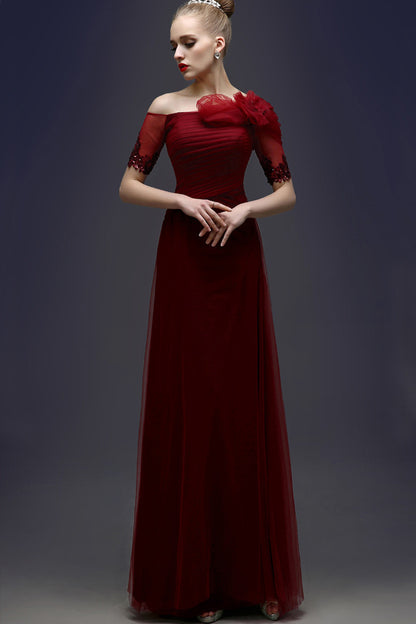 Off-Shoulder Half Sleeves Flower Tulle Floor Length Party Gown