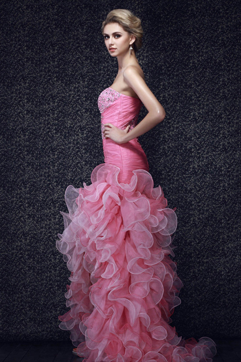 Strapless Organza Pleated Lace-up Prom Party Dress