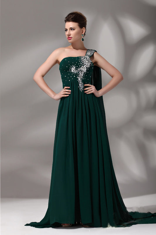 One Shoulder Bling Beaded Rhinestone Runched Gown Dress