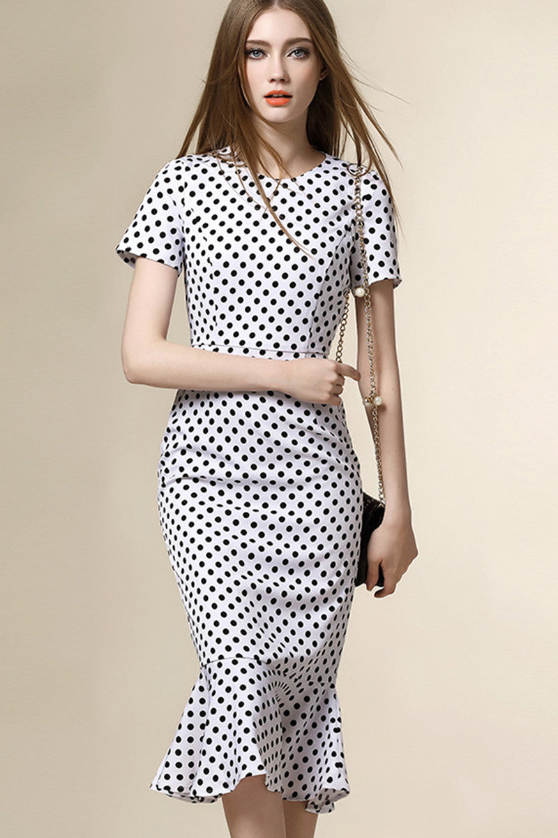 Round Collar Dots Slim Fish Tail Midi Bodycon Dress