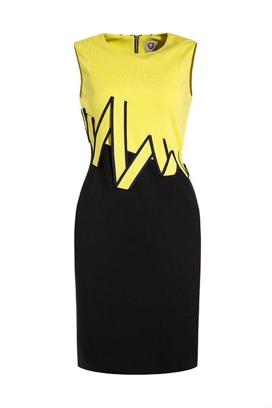Color Zone Zipper Down With Stripe Wave Decoration Cotail Dress
