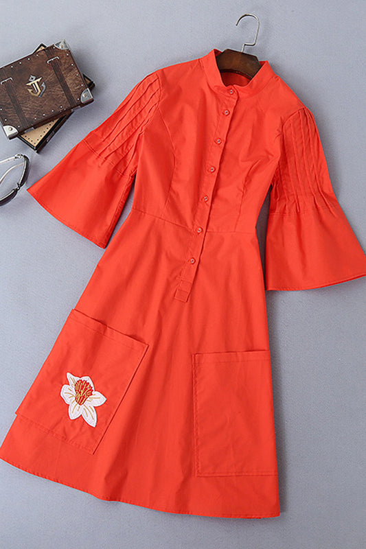 WOMEN'S ELEGANT FLOWER PRINTING LONG SLEEVE STAND COLLAR DRESS