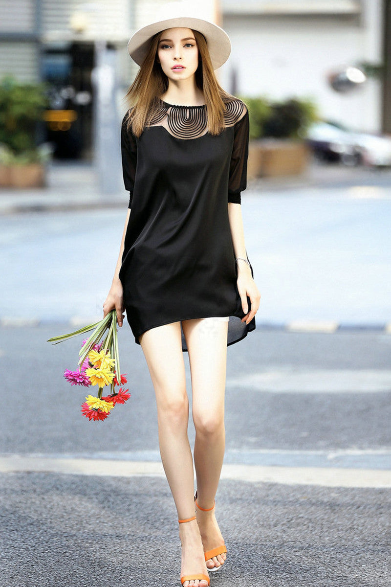 WOMEN'S GRACE SHORT SLEEVE BLACK HOLLOW-OUT NECK BLACK DRESS