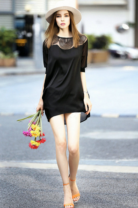 WOMEN'S GRACE SHORT SLEEVE BLACK HOLLOW-OUT NECK BLACK DRESS