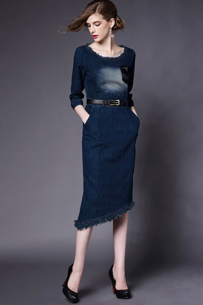 Washed Denim Raw Edge Elegant Dress