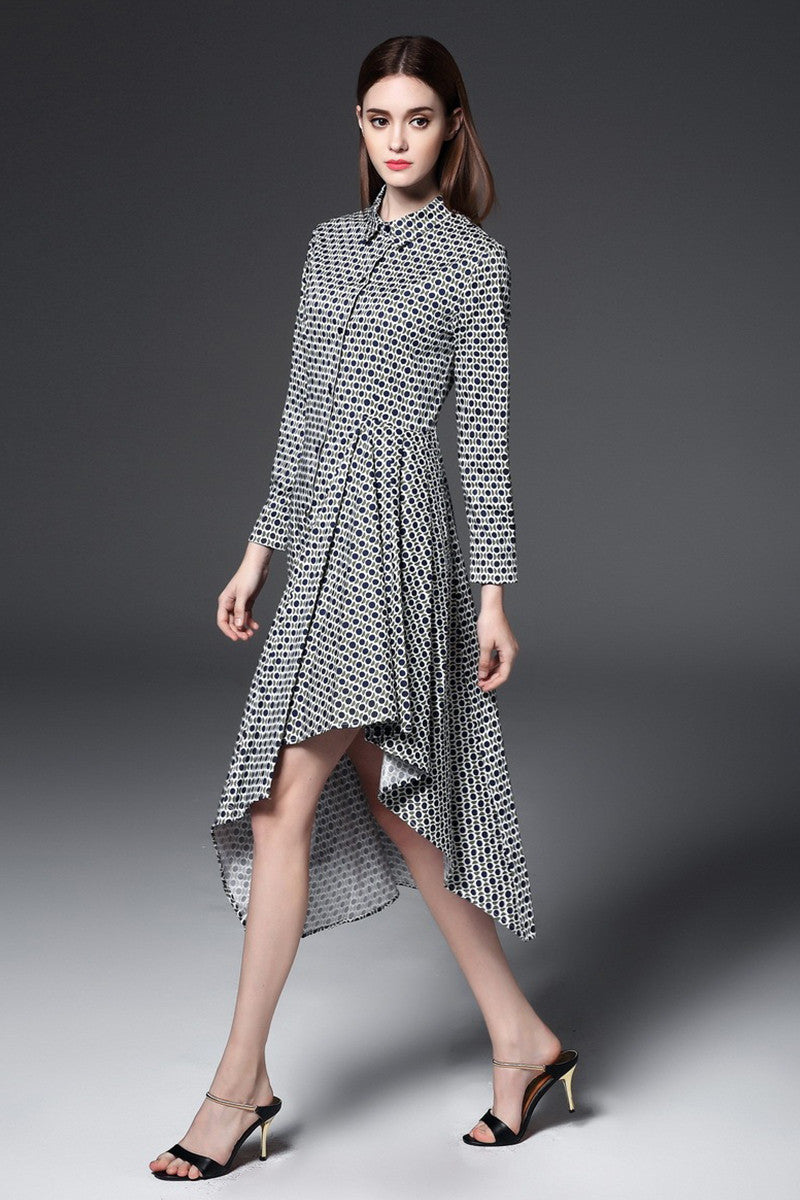 Lapel Neck Dots Print Irregular Midi Dress