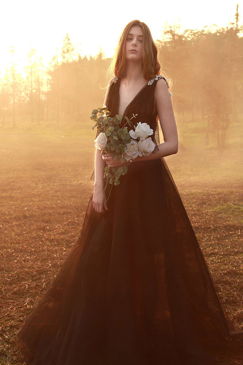 Deep V Neck Open Back Tulle Overlay Floor Length Gown Dress