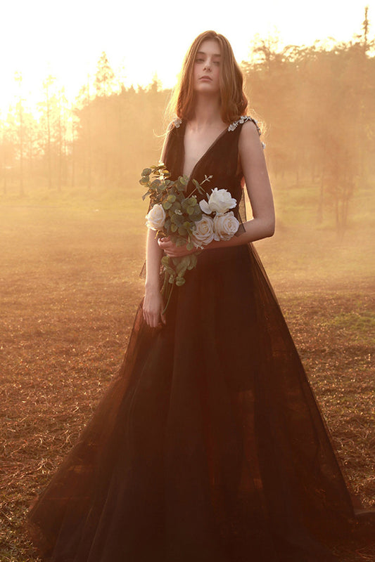 Deep V Neck Open Back Tulle Overlay Floor Length Gown Dress