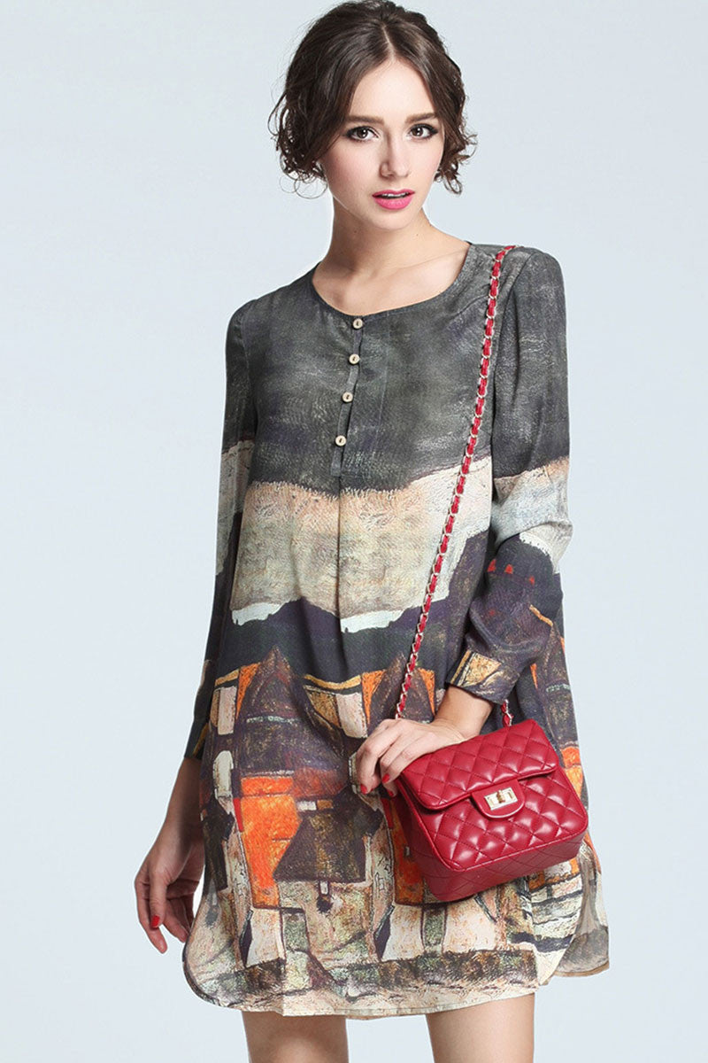 Round Collar Oil Painting Print SIDE Slit Dress