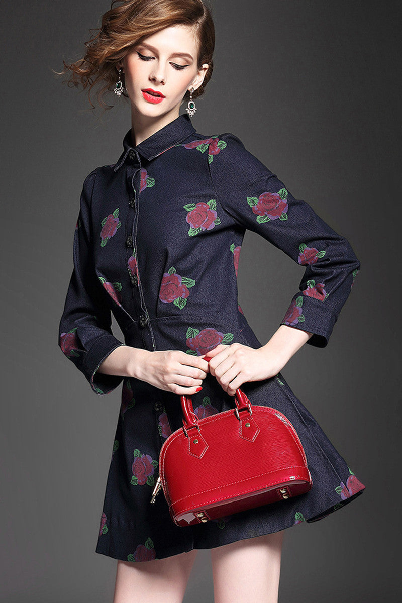POLO NECK GRACE FLOWER PRINTING 9 SLEEVE SHORT DRESS