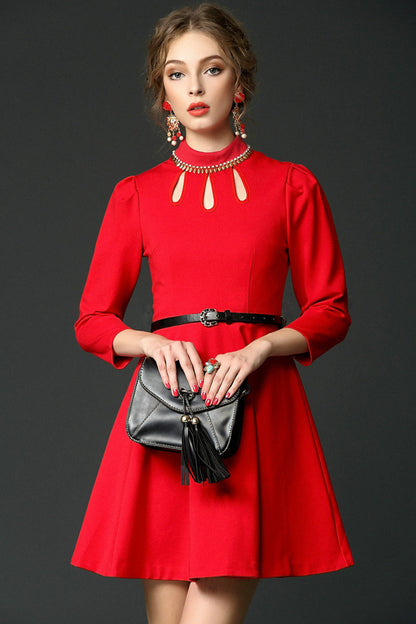 WOMEN'S STAND COLLAR 3/4 SLEEVE GRACE SHORT DRESS WITH BELT
