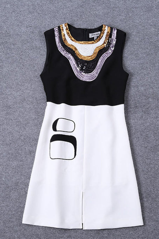 WOMEN'S CASUAL ROUND NECK SLEEVELESS WAISTLINE SEQUIN SHORT DRESS