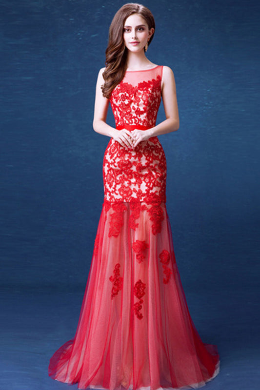 Nude Illusion Lace Tulle Fish Tail Grown Long Dress - NJOYDRESS - 1