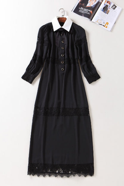 BLACK CASUAL POLO NECK LACE WEAR TO WORK LONG SLEEVE TASSEL DRESS
