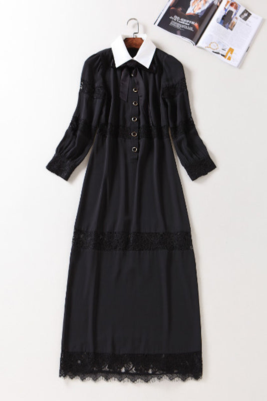 BLACK CASUAL POLO NECK LACE WEAR TO WORK LONG SLEEVE TASSEL DRESS