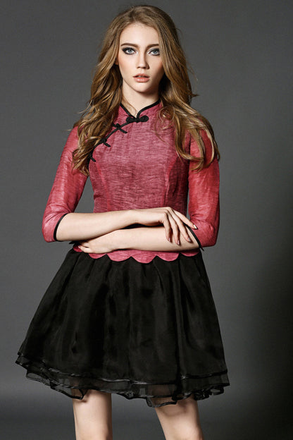 Stand Collar Chi-Pao Button Wavy Hemline Mesh Patch Slim Dress