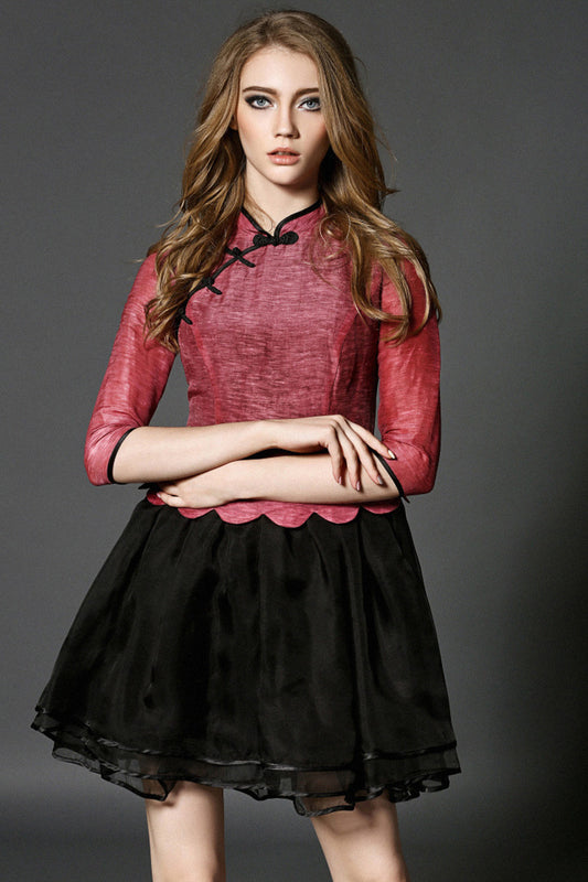 Stand Collar Chi-Pao Button Wavy Hemline Mesh Patch Slim Dress