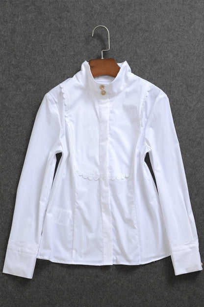 Stand Collar Corrugate Neckline White Blouse Top / BOA