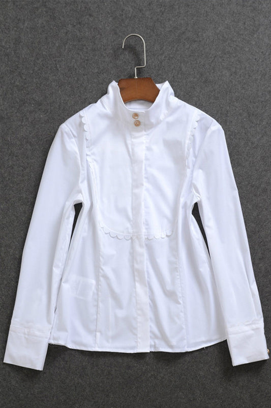 Stand Collar Corrugate Neckline White Blouse Top / BOA