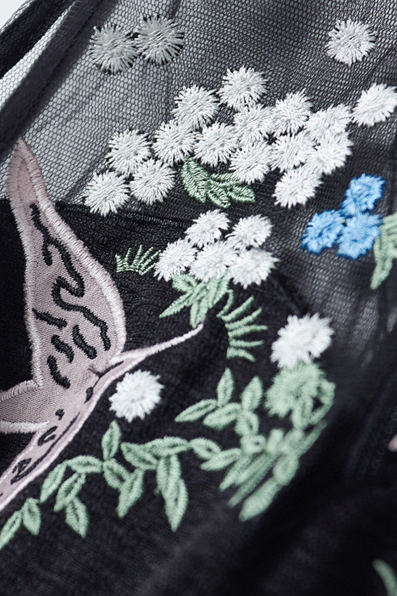 Sheer Back Chiffon Sexy Sleeveless Embroidery Black Skirt