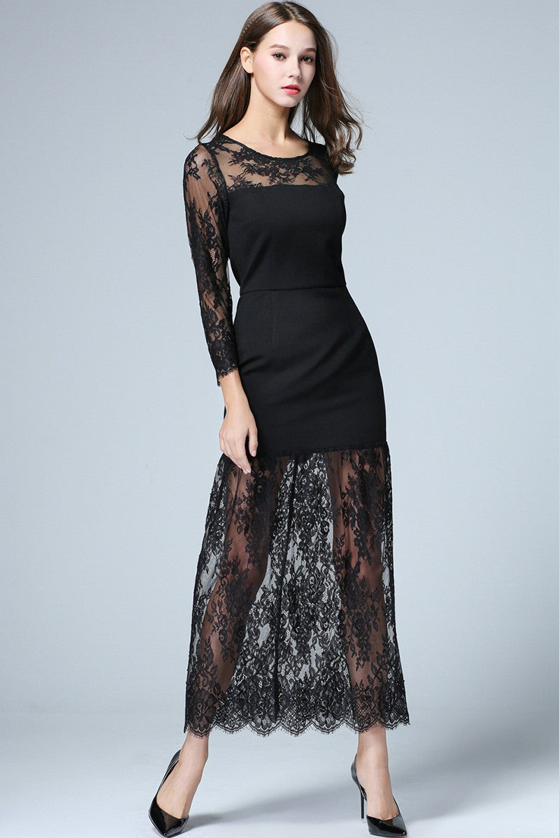 ELEGANT LACE ROUND NECK SHEER MESH COCKTAIL PARTY LONG DRESS