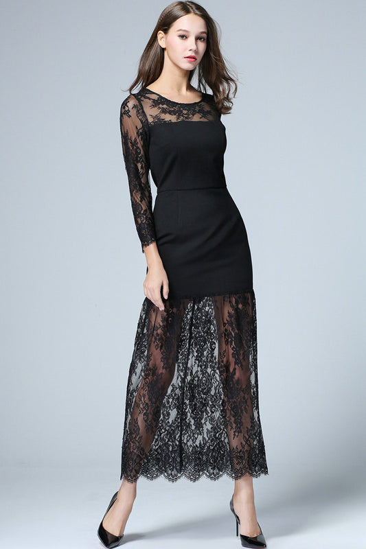 ELEGANT LACE ROUND NECK SHEER MESH COCKTAIL PARTY LONG DRESS