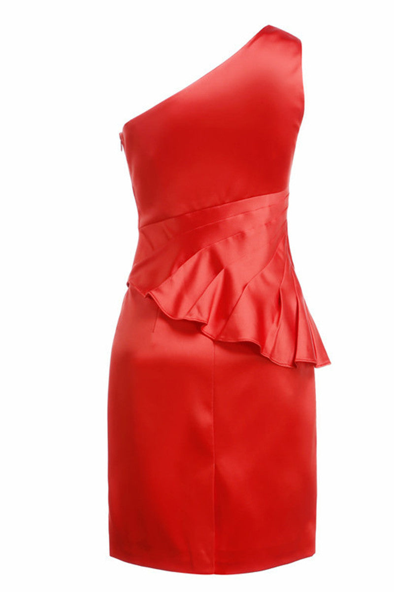One Shoulder Flare Slash Hem Wrap Dress