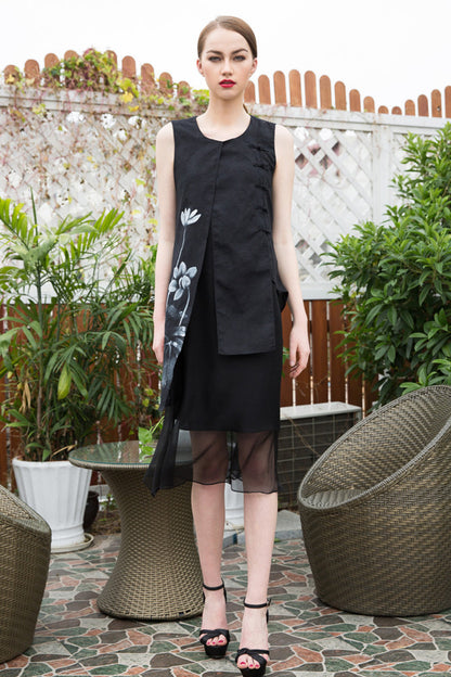 Round Collar Ink Flower Chi-Pao Button Slit Front Chiffon Patch Dress
