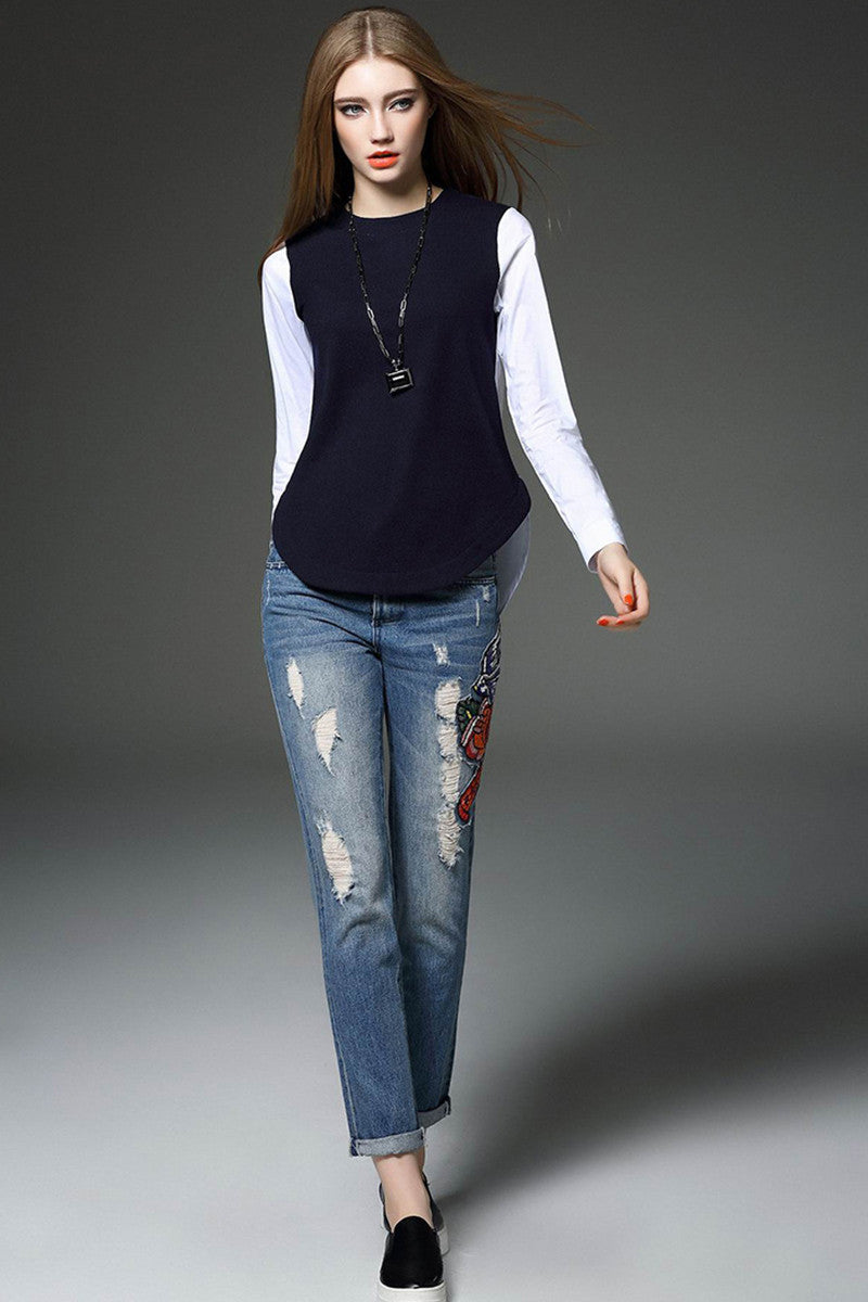 Women`s Round Collar Patch Shirt Faux Tops - NJOYDRESS - 1