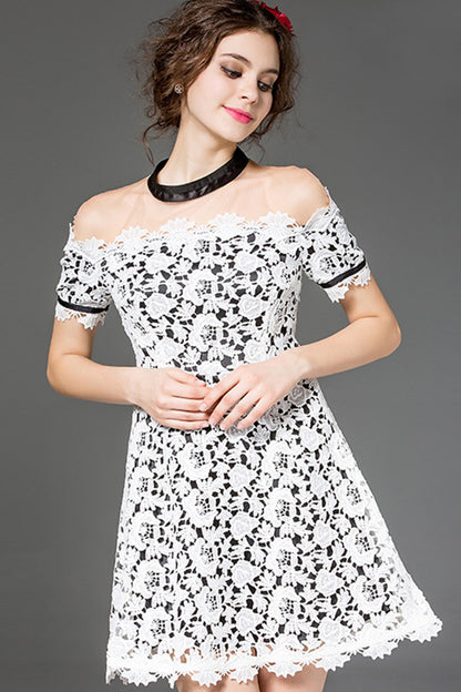 casual lace sheer mesh round neck vocation cocktail short dress