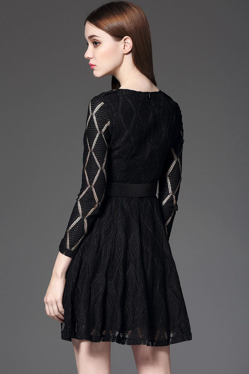 Round Collar Hollow Out Lace Party Dress With Belt - NJOYDRESS - 2