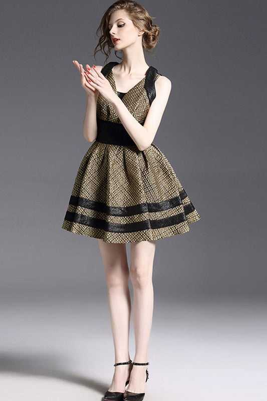 Plaid Deep V Neck Slim Sleeveless Patch Skater Cocktail Dress