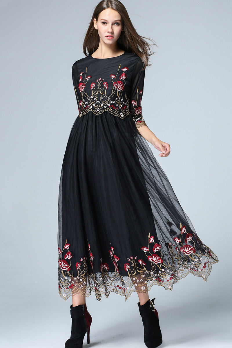 Full Net Dress with Floral Printting On Bottom - NJOYDRESS - 1